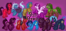 Size: 1280x613 | Tagged: safe, artist:turbinedivinity, derpibooru import, oc, unofficial characters only, earth pony, pegasus, pony, unicorn, cloak, clothes, earth pony oc, group, hat, horn, pegasus oc, rearing, saddle, smiling, tack, text, unicorn oc, unshorn fetlocks, vest, wings