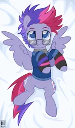 Size: 1476x2500 | Tagged: suggestive, artist:dianamur, derpibooru import, oc, oc:ultraviolet ray, pegasus, pony, icey-verse, bedroom eyes, body pillow, body pillow design, clothes, commission, fingerless gloves, glasses, gloves, hoodie, lip bite, lip piercing, magical lesbian spawn, male, malesub, multicolored hair, offspring, on back, parent:oc:elizabat stormfeather, parent:tempest shadow, parents:canon x oc, parents:stormshadow, piercing, raised hoof, shirt, solo, solo male, stallion, submissive, wristband, ych result