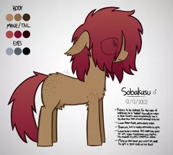 Size: 921x824 | Tagged: safe, artist:modocrisma, derpibooru import, oc, oc:sobakasu, unofficial characters only, earth pony, pony, blank flank, butt fluff, butt freckles, chest fluff, color palette, colored sketch, ear fluff, ear freckles, eye clipping through hair, fluffy, freckles, full body, hidden eyes, male, ponysona, reference sheet, shoulder fluff, shoulder freckles, simple background, solo, standing, teenager, watermark