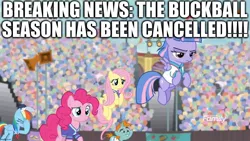 Size: 1366x768 | Tagged: safe, derpibooru import, edit, edited screencap, editor:useraccount, screencap, fluttershy, pinkie pie, rainbow dash, snips, wind sprint, common ground, basketball, breaking news, buckball, caption, coach rainbow dash, coronavirus, covid-19, excessive exclamation marks, facehoof, image macro, implied coronavirus, meme, nba, rainbow dashs coaching whistle, sports, text, unimpressed, whistle, whistle necklace