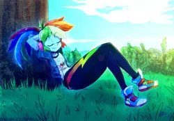 Size: 1447x1005 | Tagged: safe, artist:manic-the-lad, derpibooru import, rainbow dash, equestria girls, a dash of everything, alternate hairstyle, clothes, converse, shoes, solo