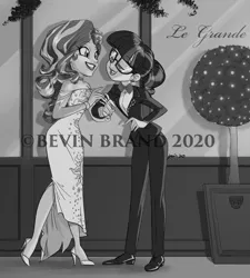 Size: 2048x2274 | Tagged: safe, artist:bevin brand, deleted from derpibooru, derpibooru import, sci-twi, sunset shimmer, twilight sparkle, fanfic:empathy for the devil, equestria girls, bowtie, clothes, date, dress, fanfic art, female, flower, flower in hair, glasses, grayscale, high heels, image, jpeg, lesbian, monochrome, obtrusive watermark, official fan art, ponytail, scitwishimmer, shipping, shoes, suit, sunsetsparkle, watermark
