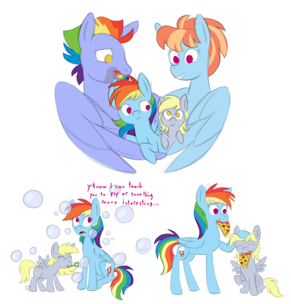 Size: 2500x2616 | Tagged: safe, artist:roseyicywolf, derpibooru import, bow hothoof, derpy hooves, rainbow dash, windy whistles, pegasus, pony, fanfic:bubbles, rainbow dash presents, adopted, alternate universe, backwards cutie mark, bubble, bubble wand, female, filly, filly derpy, filly rainbow dash, food, head pat, male, mare, mouth hold, no pupils, pat, pizza, siblings, simple background, sisters, stallion, transparent background, younger