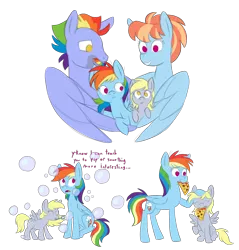 Size: 2500x2616 | Tagged: safe, artist:roseyicywolf, derpibooru import, bow hothoof, derpy hooves, rainbow dash, windy whistles, pegasus, pony, fanfic:bubbles, rainbow dash presents, adopted, alternate universe, backwards cutie mark, bubble, bubble wand, female, filly, filly derpy, filly rainbow dash, food, head pat, male, mare, mouth hold, no pupils, pat, pizza, siblings, simple background, sisters, stallion, transparent background, younger