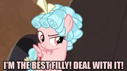 Size: 1280x720 | Tagged: bow, caption, cozy glow, derpibooru import, edit, edited screencap, editor:jaredking203, female, filly, frenemies (episode), image macro, meme, pegasus, red eyes, safe, screencap, solo, text