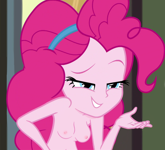 Size: 2374x2154 | Tagged: questionable, derpibooru import, edit, edited screencap, editor:anon-nude-editor, screencap, pinkie pie, human, equestria girls, equestria girls series, schedule swap, spoiler:eqg series (season 2), bedroom eyes, belly button, breasts, clothes, cropped, female, nipples, nude edit, nudity, partial nudity, partial nudity edit, solo, solo female, topless