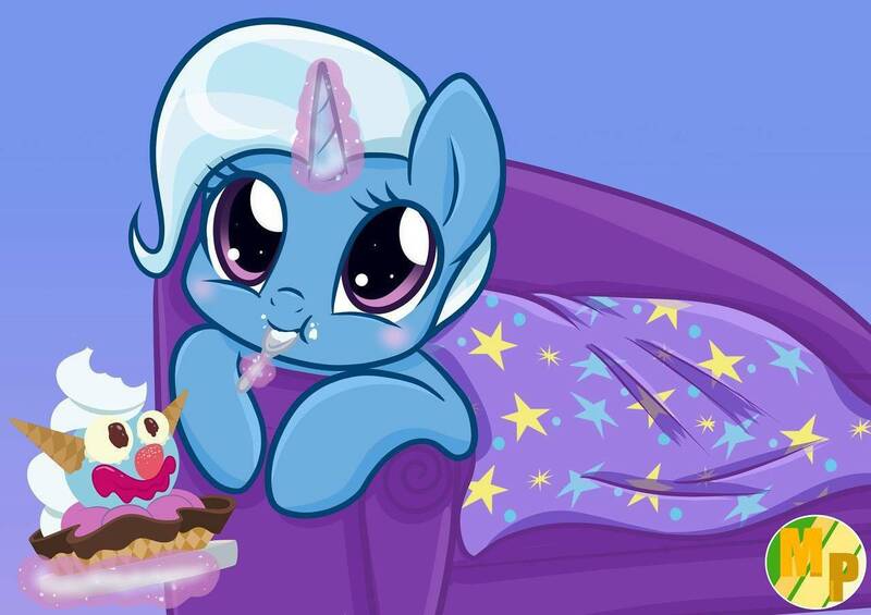 Size: 1280x904 | Tagged: artist:mimicproductions, cape, clothes, cute, derpibooru import, diatrixes, eating, eye, eyes, food, ice cream, looking at you, magic, safe, solo, sundae, telekinesis, trixie, trixie's cape