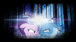 Size: 1600x900 | Tagged: angry, artist:haiikhal, derpibooru import, road to friendship, safe, starlight glimmer, trixie, versus, wallpaper