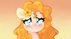 Size: 4591x2558 | Tagged: safe, artist:bunxl, derpibooru import, pear butter, earth pony, the perfect pear, beautiful, blushing, cute, female, flower, flower in hair, flustered, grin, mare, pearabetes, pretty, scene interpretation, smiling, solo, sunset, wingding eyes