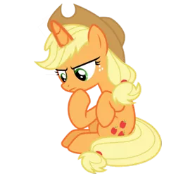 Size: 1773x1773 | Tagged: safe, artist:cloudyglow, derpibooru import, edit, editor:rain sunburst, vector edit, applejack, pony, unicorn, female, freckles, mare, race swap, simple background, sitting, solo, transparent background, vector