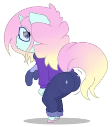 Size: 959x1086 | Tagged: safe, artist:ravenpuff, deleted from derpibooru, derpibooru import, oc, oc:umbreow, anthro, unicorn, chibi, clothes, female, mare, pants, simple background, solo, sweater, transparent background, twerking