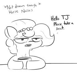 Size: 6750x6750 | Tagged: safe, artist:tjpones, derpibooru import, oc, oc:brownie bun, unofficial characters only, earth pony, pony, horse wife, female, grayscale, implied tjpones, intervention, jewelry, mare, monochrome, mug, necklace, offscreen character, onomatopoeia, open mouth, pearl necklace, simple background, solo, white background