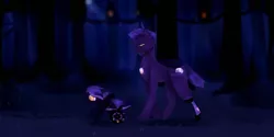 Size: 3000x1500 | Tagged: safe, artist:feather flare, derpibooru import, oc, oc:night fog, oc:waning eclipse, amputee, cute, disabled, father and child, father and daughter, female, forest, hollow shades, image, male, night, night guard, painting, png, prosthesis, semi-detailed background