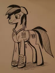 Size: 1711x2283 | Tagged: safe, artist:dyllan faust, derpibooru import, oc, oc:blackjack, unofficial characters only, pony, unicorn, fallout equestria, fallout equestria: project horizons, clothes, fanfic art, female, mare, photo, pipbuck, sketch, solo, traditional art, vault suit