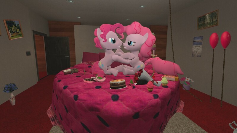 Size: 1280x720 | Tagged: 3d, artist:horsesplease, bed, bedroom, bubble berry, bubblepie, derpibooru import, female, gmod, heart, male, pinkie pie, rule 63, selfcest, self ponidox, shipping, straight, suggestive, this will end in "wrestling"