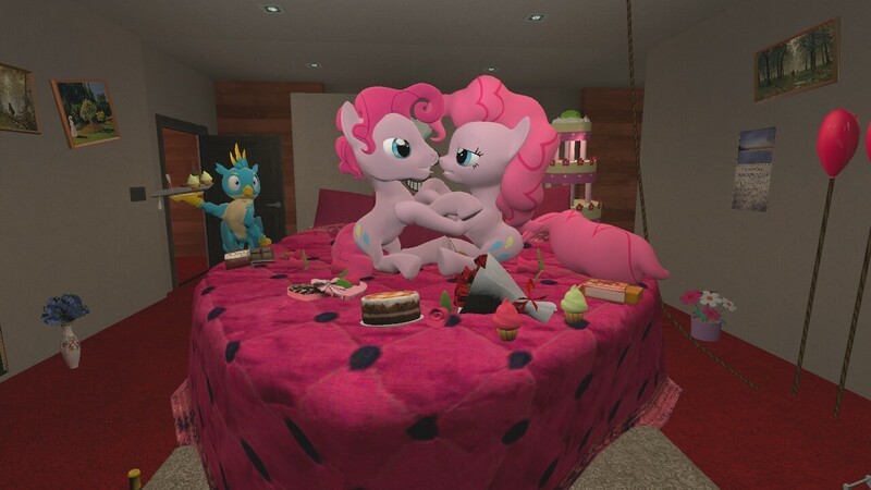 Size: 1280x720 | Tagged: 3d, artist:horsesplease, bed, bedroom, bubble berry, bubblepie, derpibooru import, female, gallus, gmod, heart, male, pinkie pie, rule 63, selfcest, self ponidox, shipping, shocked, straight, suggestive, this will end in tears, this will not end in "wrestling", this will not end well