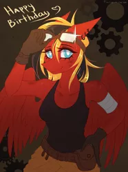 Size: 2323x3130 | Tagged: anthro, artist:taleriko, bandage, birthday, clothes, derpibooru import, dirty, ear piercing, earring, female, gears, goggles, hand on hip, happy birthday, heart, jewelry, looking at you, mare, oc, oc:twotail, pegasus, piercing, safe, signature, solo, unofficial characters only