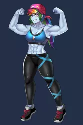 Size: 800x1200 | Tagged: safe, artist:tzc, derpibooru import, rainbow dash, equestria girls, abs, anime, armpits, clothes, female, flexing, grin, muscles, muscular female, pants, rainbuff dash, shoes, smiling, sneakers, solo, sports bra