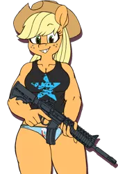 Size: 931x1372 | Tagged: suggestive, artist:threetwotwo32232, artist:whydomenhavenipples, derpibooru import, applejack, anthro, earth pony, ar15, blue underwear, breasts, busty applejack, clothes, cutie mark underwear, female, grin, gun, implied appledash, implied lesbian, implied shipping, looking at you, mare, panties, rifle, simple background, smiling, solo, tanktop, transparent background, trigger discipline, underwear, underwear swap, weapon