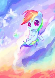 Size: 1280x1813 | Tagged: safe, artist:bronyazaych, derpibooru import, rainbow dash, pegasus, pony, cute, dashabetes, female, filly, filly rainbow dash, flying, mare, sky, smiling, solo, younger