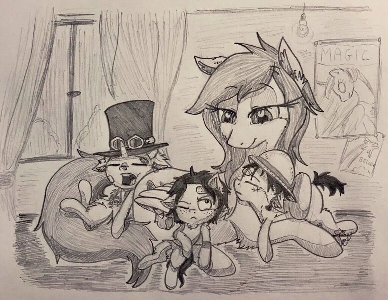 Size: 1024x793 | Tagged: safe, artist:shinycyan, derpibooru import, oc, oc:shinycyan, earth pony, pegasus, pony, unicorn, drawing, foalsitter, hat, monkey d luffy, monochrome, motherly, one piece, portgas d ace, room, sabo, sleeping, traditional art