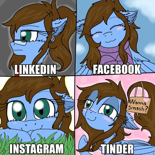 Size: 2000x2000 | Tagged: suggestive, artist:shinycyan, derpibooru import, oc, oc:shinycyan, pegasus, pony, blue, blushing, cheek fluff, chest fluff, clothes, dolly parton challenge, facebook, floppy ears, glasses, hoodie, instagram, linkedin, meme, sign, smiling, smirk, social media, tinder