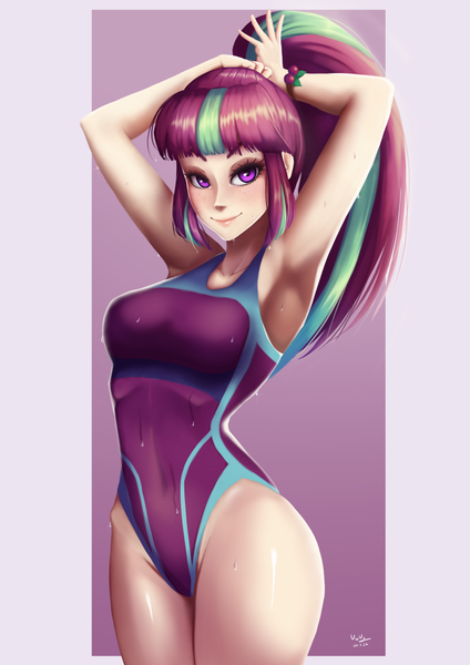 Size: 706x1000 | Tagged: safe, artist:the-park, derpibooru import, sour sweet, human, equestria girls, armpits, clothes, female, human coloration, one-piece swimsuit, simple background, solo, swimsuit