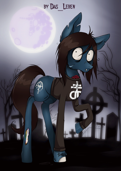 Size: 2387x3378 | Tagged: safe, artist:das_leben, derpibooru import, ponified, ponified:oliver sykes, earth pony, pony, undead, zombie, zombie pony, bags under eyes, beady eyes, bloodshot eyes, bone, bring me the horizon, clothes, commission, drop dead clothing, fangs, graveyard, lanky, lip piercing, long sleeves, looking at you, male, moon, piercing, raised hoof, scar, shirt, solo, stallion, stitches, tattoo, torn ear, ych result