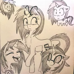 Size: 2048x2036 | Tagged: safe, artist:shinycyan, derpibooru import, vinyl scratch, pony, unicorn, bleh, doodle, female, glasses, mare, monochrome, solo, surprised, tongue out, traditional art, wub, yay, yeah