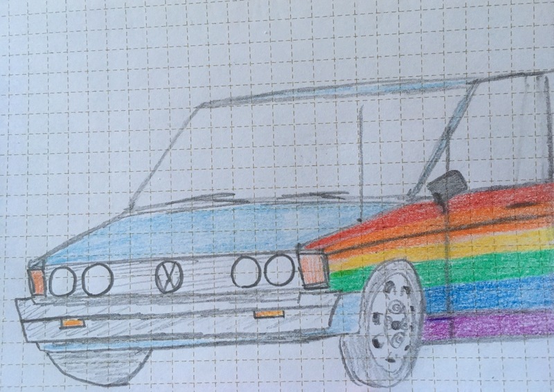 Size: 2172x1536 | Tagged: barely pony related, car, derpibooru import, graph paper, pun, rainbow, rainbow dash, safe, traditional art, visual pun, volkswagen, wat