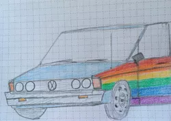 Size: 2172x1536 | Tagged: barely pony related, car, derpibooru import, graph paper, pun, rainbow, rainbow dash, safe, traditional art, visual pun, volkswagen, wat