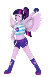 Size: 832x1328 | Tagged: safe, artist:gouielouie123, derpibooru import, sci-twi, twilight sparkle, equestria girls, armpits, boots, boxing boots, boxing shorts, boxing trunks, clothes, exeron fighters, exeron gloves, exeron outfit, ponied up, shoes, shorts, simple background, socks, solo, sports bra, sports shorts, tomboy, transparent background, wings