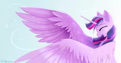 Size: 1024x538 | Tagged: safe, artist:muffinkarton, derpibooru import, twilight sparkle, twilight sparkle (alicorn), alicorn, pony, crying, ear fluff, female, large wings, laughing, mare, profile, solo, tears of joy, tears of laughter, teary eyes, wind, wings