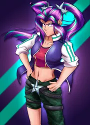 Size: 1442x2000 | Tagged: safe, artist:mandy1412, derpibooru import, aria blaze, human, equestria girls, rainbow rocks, belly button, clothes, eye clipping through hair, female, hand on hip, human coloration, humanized, jacket, looking at you, solo