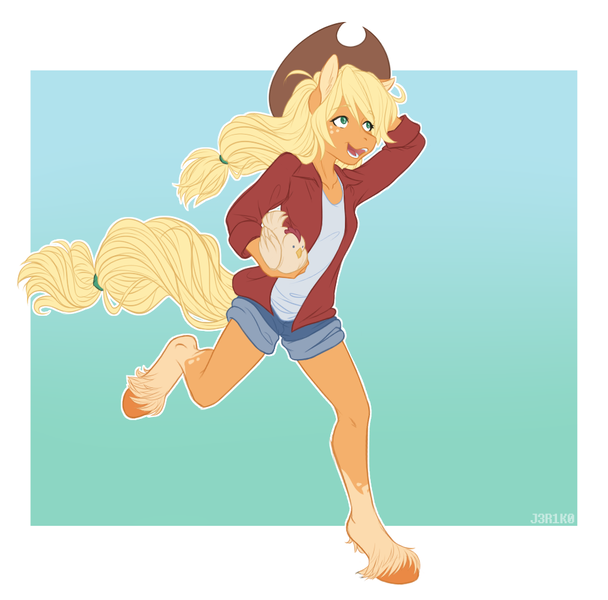 Size: 966x954 | Tagged: safe, artist:j3r1k0, derpibooru import, applejack, anthro, bird, chicken, earth pony, unguligrade anthro, applejack's hat, clothes, cowboy hat, denim shorts, ear fluff, female, happy, hat, hooves, mare, open mouth, running, shirt, shorts, smiling, solo, stetson, tail, unshorn fetlocks