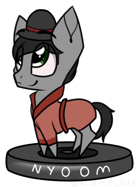 Size: 1466x1973 | Tagged: safe, artist:lux-arume, derpibooru import, oc, oc:hatter, earth pony, pony, bowler hat, chibi, clothes, cute, eye clipping through hair, floating eyebrows, hat, looking up, male, nyoom, robe, roomba, simple background, smiling, stallion, transparent background