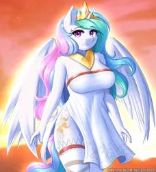 Size: 1459x1600 | Tagged: alicorn, alternate version, anthro, artist:twistedscarlett60, beautisexy, breasts, busty princess celestia, clothes, crown, derpibooru import, dress, eyebrows, eyebrows visible through hair, eyeshadow, female, jewelry, lingerie, looking at you, makeup, mare, pink eyeshadow, princess celestia, regalia, safe, sexy, side slit, smiling, smiling at you, solo, stupid sexy celestia, sunrise