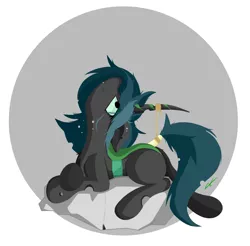 Size: 3464x3408 | Tagged: artist:groomlake, bondage, changeling, changeling queen, colored, curved horn, derpibooru import, female, gray background, happy, horn, love, queen chrysalis, rock, rope, simple, simple background, solo, solo female, spots, stone, suggestive, tail holder, tail wrap