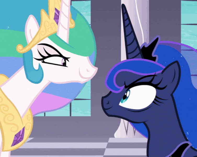 Size: 762x607 | Tagged: a royal problem, cropped, derpibooru import, duo, edit, edited screencap, inverted mouth, looking at each other, princess celestia, princess luna, safe, screencap, this will end in tears, this will not end well