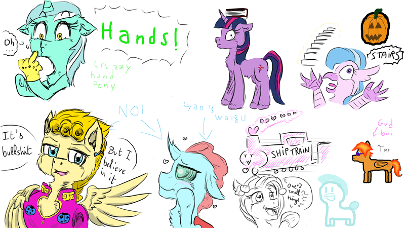 Size: 1920x1080 | Tagged: aggie.io, artist:flynnmlp, artist:shinycyan, book, changedling, changeling, collaboration, derpibooru import, doodle, giorno giovanna, hand, hippogriff, jojo's bizarre adventure, lyra heartstrings, my little pony: the movie, ocellus, pegasus, princess skystar, pumpkin, safe, silverstream, stairs, train, twilight sparkle