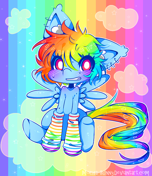 Size: 800x929 | Tagged: safe, artist:nerbyy, derpibooru import, rainbow dash, pegasus, pony, blushing, clothes, cloud, female, looking at you, mare, on a cloud, rainbow socks, sitting, socks, solo, spread wings, striped socks, wings