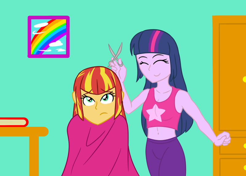 Size: 1020x732 | Tagged: safe, artist:jpgr, derpibooru import, sunset shimmer, twilight sparkle, equestria girls, alternate hairstyle, book, clothes, duo, eyes closed, female, rainbow, scissors, sitting, smiling