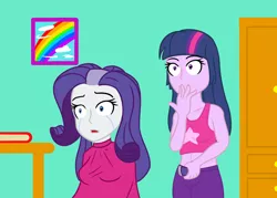 Size: 1020x732 | Tagged: safe, artist:jpgr, derpibooru import, rarity, twilight sparkle, equestria girls, :o, alternate hairstyle, book, clothes, crying, female, open mouth, rainbow, razor, sitting, surprised