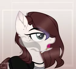 Size: 2160x1962 | Tagged: safe, artist:rerorir, derpibooru import, oc, oc:cut crease, unofficial characters only, earth pony, pony, choker, cigarette, clothes, female, freckles, jacket, leather jacket, mare, open mouth, shirt, smoke, smoking, solo, t-shirt