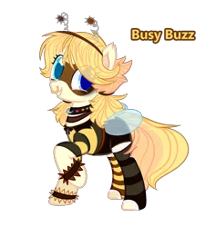 Size: 1408x1486 | Tagged: safe, artist:bublebee123, derpibooru import, oc, oc:busy buzz (ice1517), unofficial characters only, bee pony, original species, pony, choker, clothes, collar, deely bobbers, female, grin, headband, mare, mask, mismatched socks, nose piercing, nose ring, piercing, raised hoof, shirt, shorts, simple background, smiling, socks, solo, stockings, striped socks, t-shirt, thigh highs, transparent background, wristband