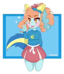 Size: 961x1115 | Tagged: safe, artist:redgemomg, derpibooru import, oc, oc:swift-steps, unofficial characters only, icey-verse, equestria girls, :p, blushing, cheerleader, cheerleader outfit, clothes, commission, equestria girls-ified, eyeshadow, female, headband, magical lesbian spawn, makeup, miniskirt, offspring, parent:lighthoof, parent:shimmy shake, parents:shimmyhoof, peace sign, pleated skirt, simple background, skirt, solo, sweater, tongue out, transparent background, ych result
