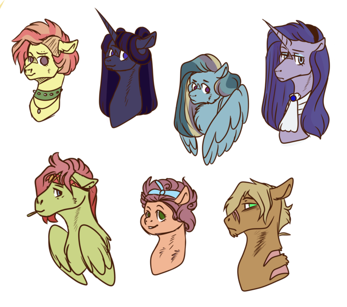 Size: 2640x2333 | Tagged: safe, artist:kiwigoat-art, derpibooru import, oc, unofficial characters only, alicorn, earth pony, pegasus, pony, unicorn, bust, choker, female, headband, magical lesbian spawn, male, mare, next generation, no pupils, offspring, parent:applejack, parent:bulk biceps, parent:cheese sandwich, parent:dumbbell, parent:fluttershy, parent:pinkie pie, parent:princess luna, parent:rainbow dash, parent:rarity, parent:soarin', parent:starlight glimmer, parent:tree hugger, parent:twilight sparkle, parent:zephyr breeze, parents:cheesepie, parents:dumbdash, parents:flutterbulk, parents:rarilight, parents:soarinjack, parents:starluna, parents:zephyrhugger, simple background, solo, spiked choker, stallion, transparent background