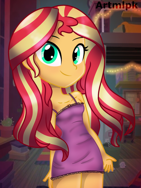 Size: 1536x2048 | Tagged: safe, artist:artmlpk, derpibooru import, sunset shimmer, equestria girls, adorable face, adorasexy, alternate hairstyle, bare chest, bare shoulders, blushing, clothes, cute, looking at you, outfit, pajamas, sexy, shimmerbetes, sleepover, sleeveless, smiley face, smiling, smiling at you, solo, thighs