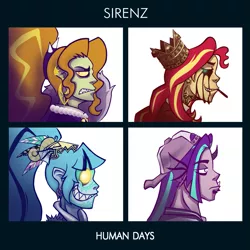 Size: 1425x1425 | Tagged: safe, artist:madness-with-reason, derpibooru import, adagio dazzle, aria blaze, sonata dusk, sunset shimmer, equestria girls, album cover, album parody, gorillaz, sunset satan, the dazzlings