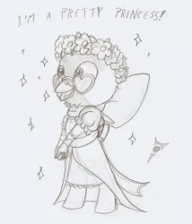 Size: 601x701 | Tagged: artist:ravenpuff, bipedal, bow, clothes, crossdressing, derpibooru import, dress, floral head wreath, flower, glasses, grayscale, hippogriff, hippogriff oc, male, monochrome, oc, oc:burd, safe, smiling, solo, speech, talking, traditional art, unofficial characters only